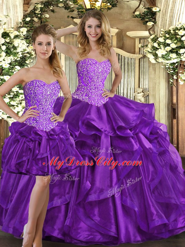 Exquisite Eggplant Purple Sleeveless Tulle Lace Up Sweet 16 Dresses for Military Ball and Sweet 16 and Quinceanera