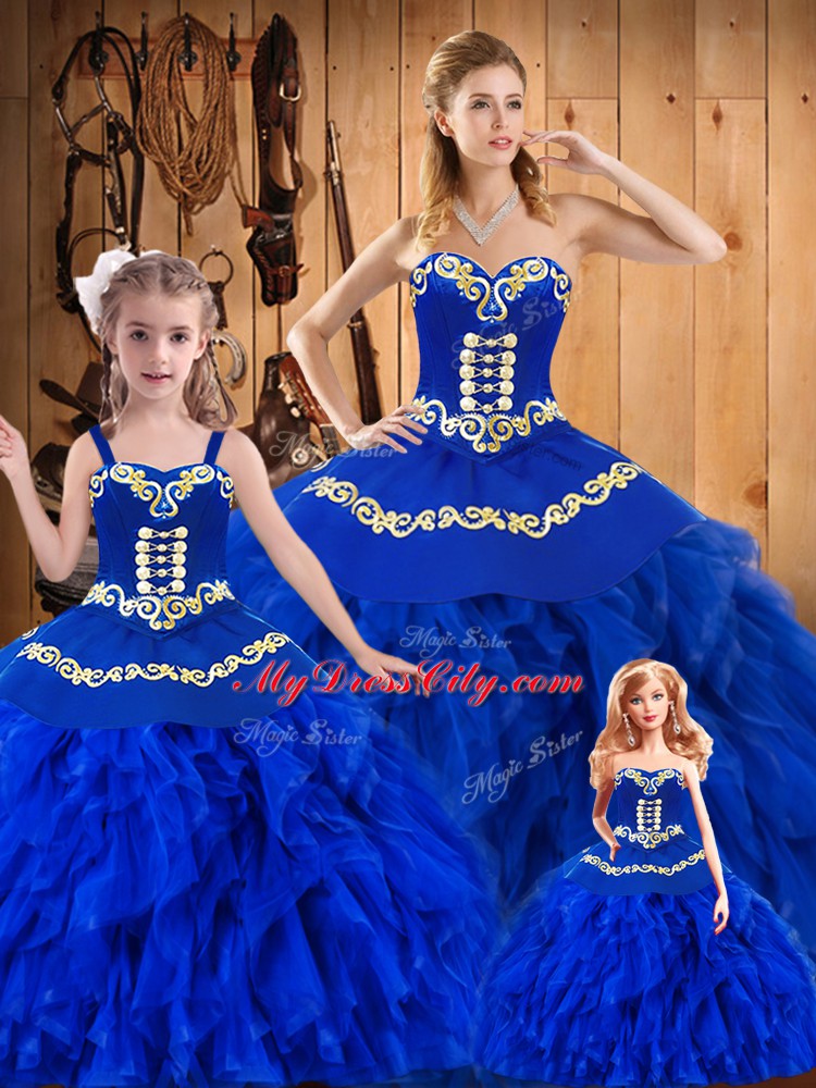 Discount Sleeveless Tulle Floor Length Lace Up 15 Quinceanera Dress in Royal Blue with Embroidery and Ruffles