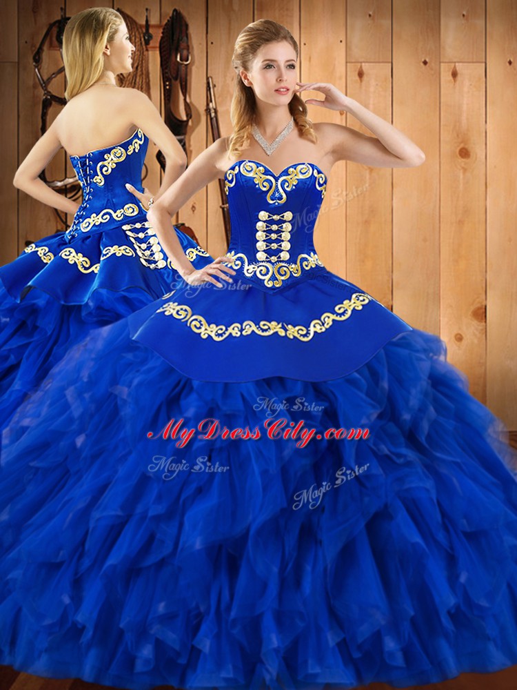 Discount Sleeveless Tulle Floor Length Lace Up 15 Quinceanera Dress in Royal Blue with Embroidery and Ruffles