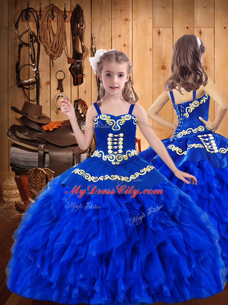 Discount Sleeveless Tulle Floor Length Lace Up 15 Quinceanera Dress in Royal Blue with Embroidery and Ruffles