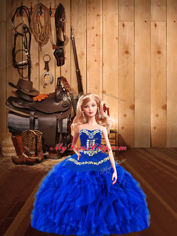 Discount Sleeveless Tulle Floor Length Lace Up 15 Quinceanera Dress in Royal Blue with Embroidery and Ruffles