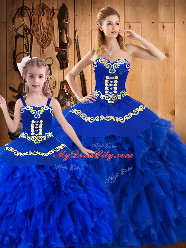 Discount Sleeveless Tulle Floor Length Lace Up 15 Quinceanera Dress in Royal Blue with Embroidery and Ruffles