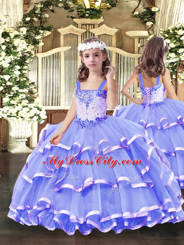 Colorful Sleeveless Tulle Floor Length Lace Up Sweet 16 Quinceanera Dress in Lavender with Beading and Ruffled Layers