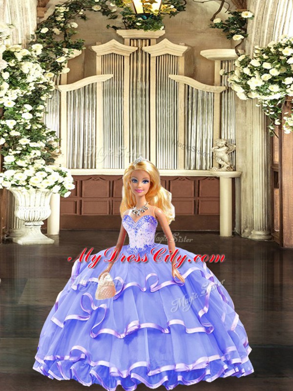 Colorful Sleeveless Tulle Floor Length Lace Up Sweet 16 Quinceanera Dress in Lavender with Beading and Ruffled Layers