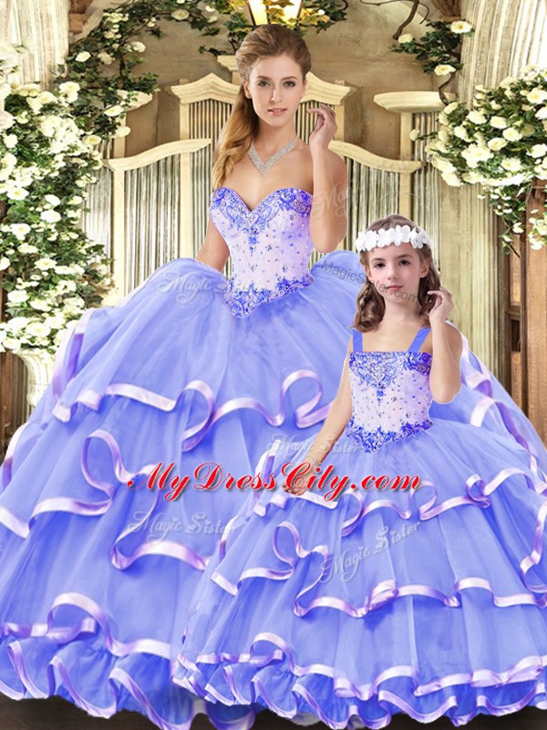 Colorful Sleeveless Tulle Floor Length Lace Up Sweet 16 Quinceanera Dress in Lavender with Beading and Ruffled Layers