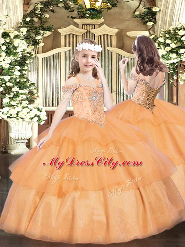 Trendy Orange Sleeveless Organza Lace Up Little Girl Pageant Dress for Party and Quinceanera