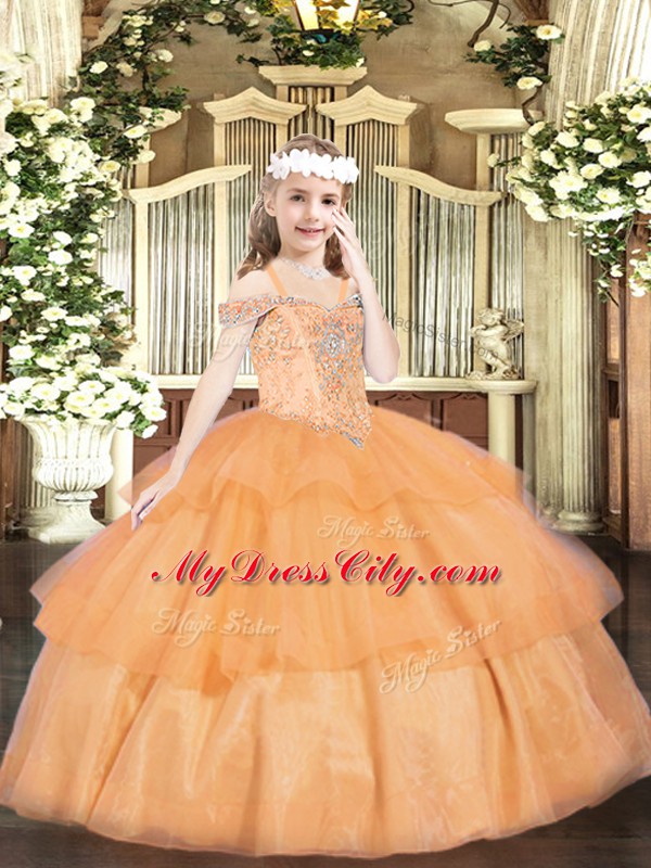 Trendy Orange Sleeveless Organza Lace Up Little Girl Pageant Dress for Party and Quinceanera