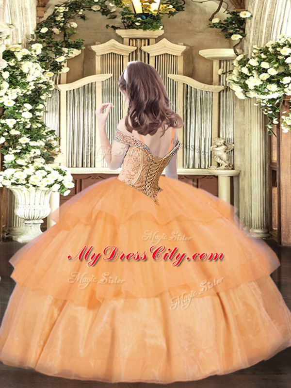 Trendy Orange Sleeveless Organza Lace Up Little Girl Pageant Dress for Party and Quinceanera