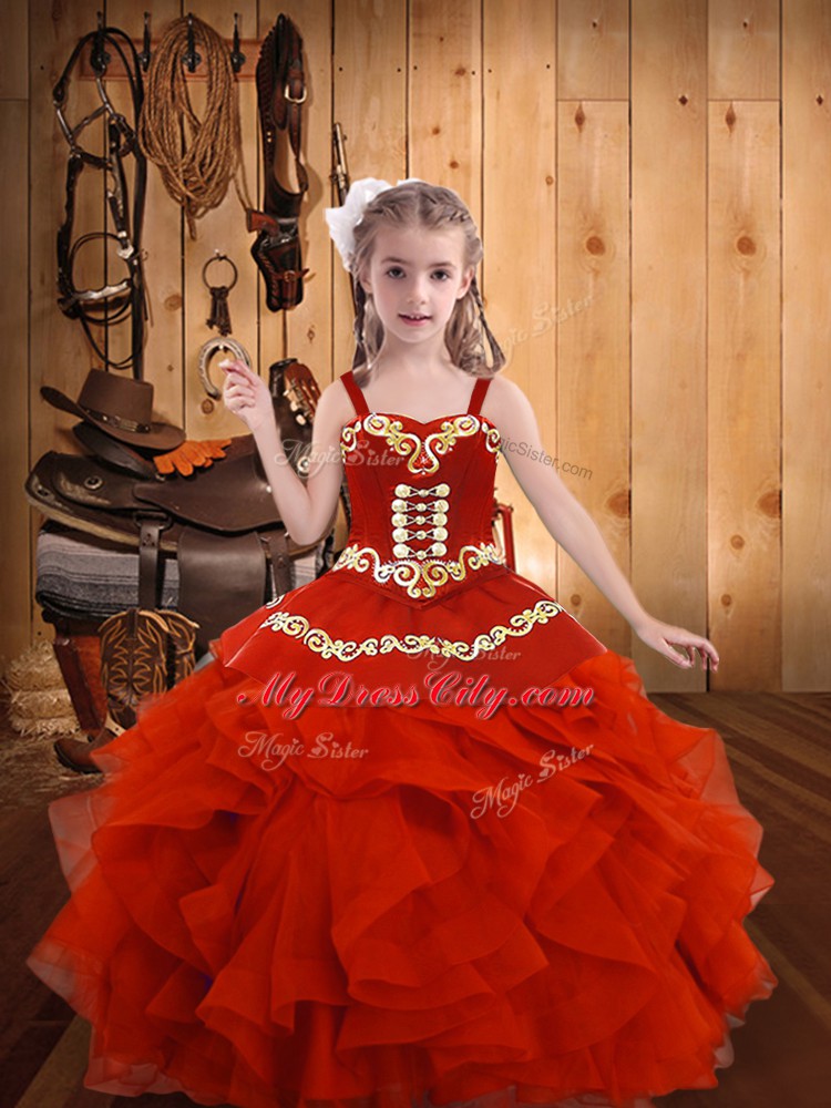 Coral Red Organza Lace Up Straps Sleeveless Floor Length Pageant Dress for Girls Embroidery and Ruffles