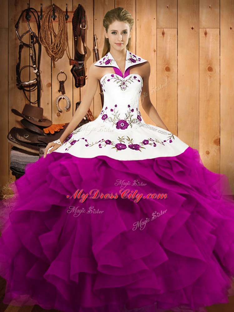 Fancy Fuchsia Halter Top Neckline Embroidery and Ruffles Quinceanera Dress Sleeveless Lace Up