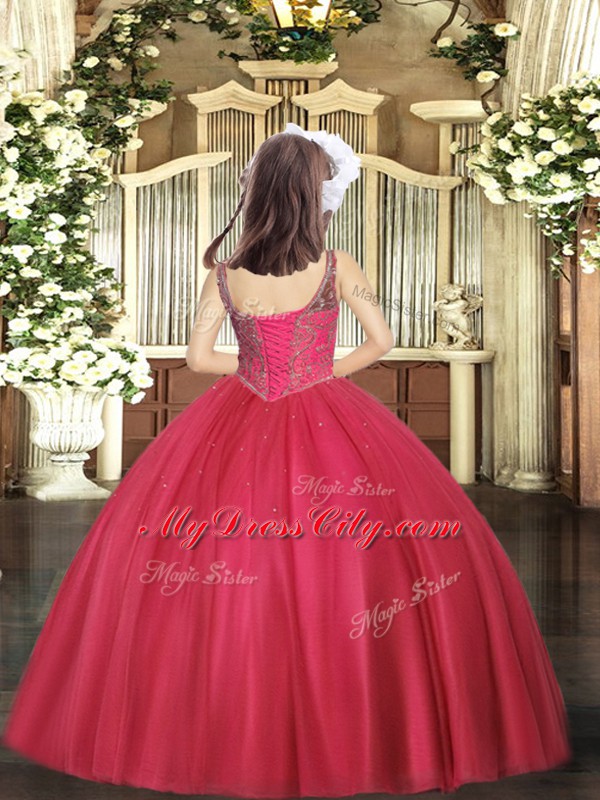 High Class Coral Red Ball Gowns Beading Child Pageant Dress Lace Up Tulle Sleeveless Floor Length