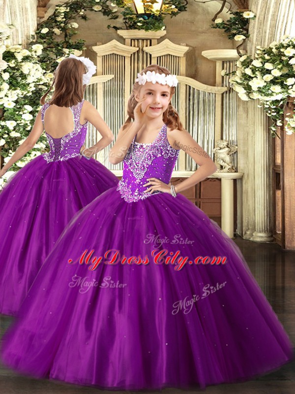 V-neck Sleeveless Girls Pageant Dresses Floor Length Beading Purple Tulle