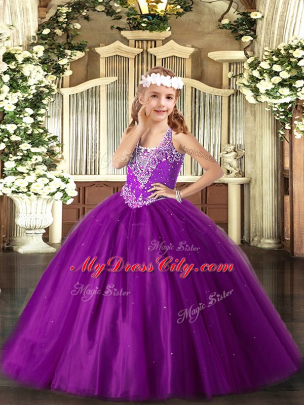 V-neck Sleeveless Girls Pageant Dresses Floor Length Beading Purple Tulle