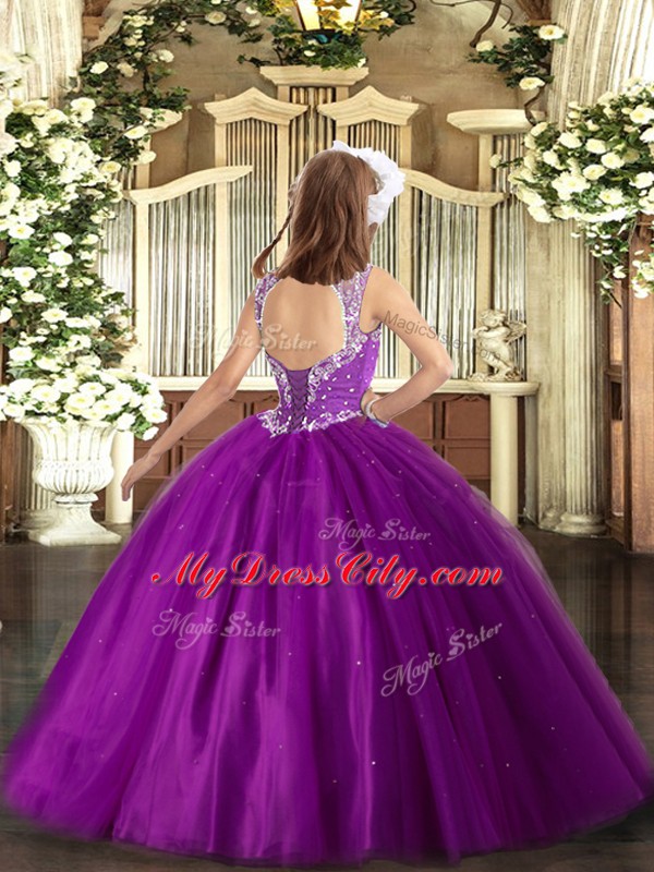 V-neck Sleeveless Girls Pageant Dresses Floor Length Beading Purple Tulle