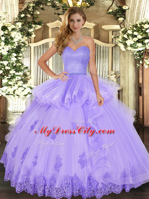 Hot Sale Lavender Quinceanera Dress Military Ball and Sweet 16 and Quinceanera with Beading and Appliques and Ruffles Sweetheart Sleeveless Lace Up