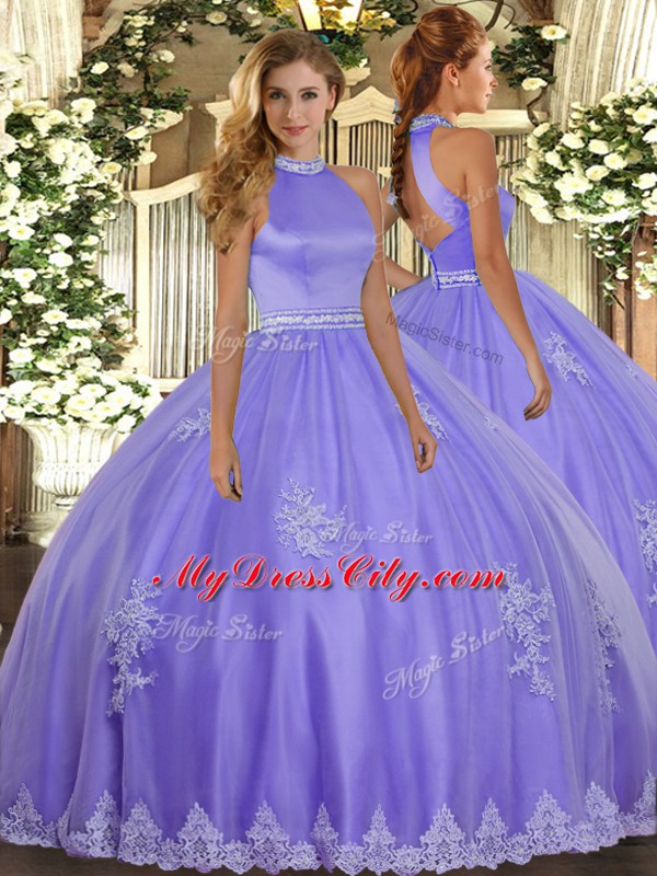 Tulle Halter Top Sleeveless Backless Beading and Appliques 15th Birthday Dress in Lavender