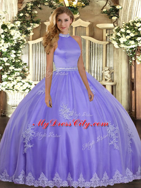 Tulle Halter Top Sleeveless Backless Beading and Appliques 15th Birthday Dress in Lavender