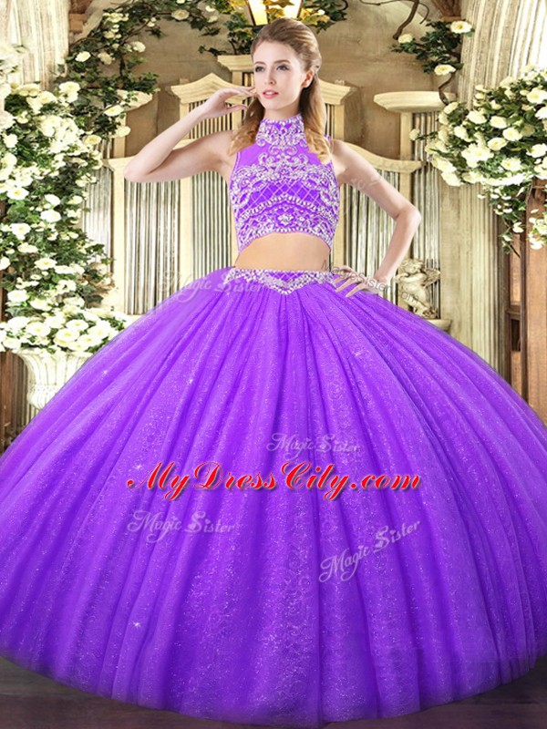 Romantic Lavender Backless Sweet 16 Quinceanera Dress Beading Sleeveless Floor Length