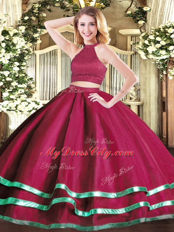 Beading Quinceanera Gown Fuchsia Backless Sleeveless Floor Length