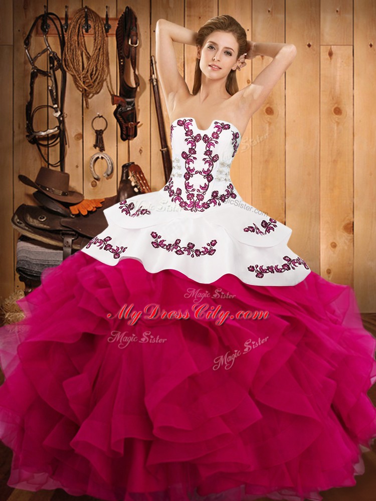 Modern Hot Pink Strapless Neckline Embroidery and Ruffles Sweet 16 Quinceanera Dress Sleeveless Lace Up