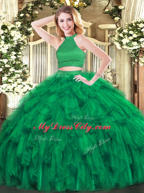 Dramatic Ball Gowns 15th Birthday Dress Green Halter Top Organza Sleeveless Floor Length Backless