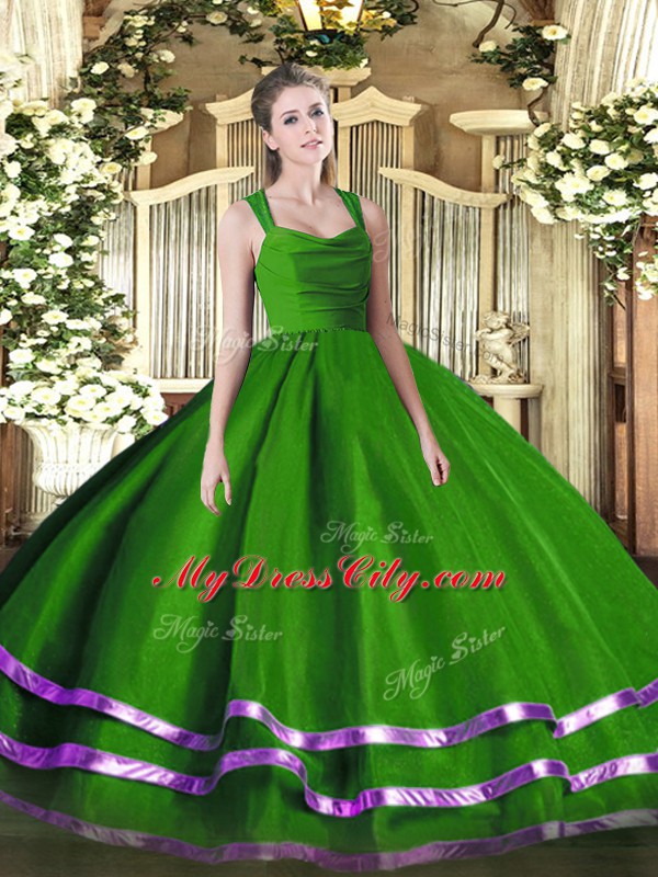 Free and Easy Green Organza Zipper 15th Birthday Dress Sleeveless Floor Length Ruffled Layers and Ruching