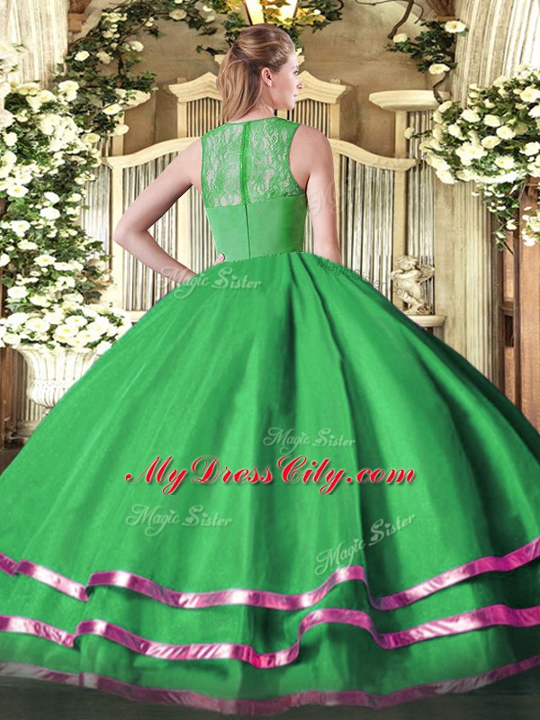 Free and Easy Green Organza Zipper 15th Birthday Dress Sleeveless Floor Length Ruffled Layers and Ruching