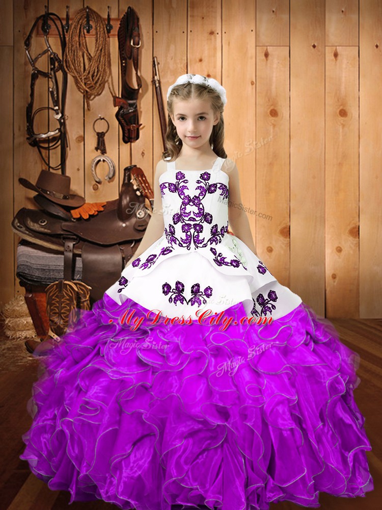 Eggplant Purple Straps Lace Up Embroidery and Ruffles Winning Pageant Gowns Sleeveless