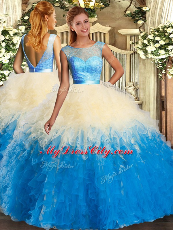 Cute Multi-color Ball Gowns Scoop Sleeveless Organza Floor Length Backless Lace and Ruffles Quinceanera Dresses