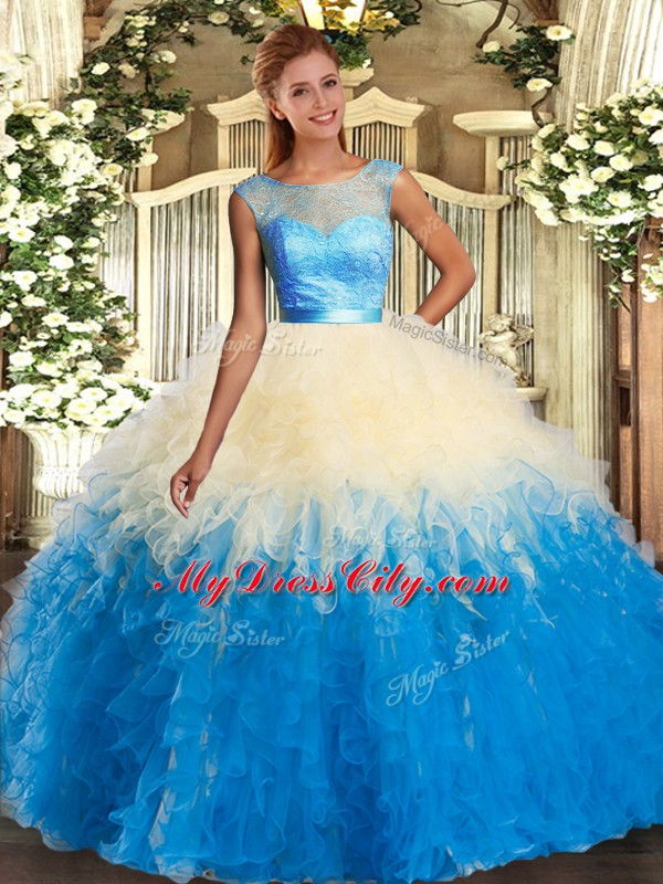 Cute Multi-color Ball Gowns Scoop Sleeveless Organza Floor Length Backless Lace and Ruffles Quinceanera Dresses