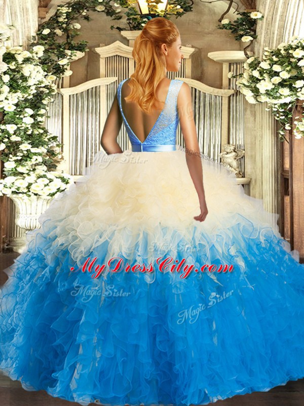 Cute Multi-color Ball Gowns Scoop Sleeveless Organza Floor Length Backless Lace and Ruffles Quinceanera Dresses