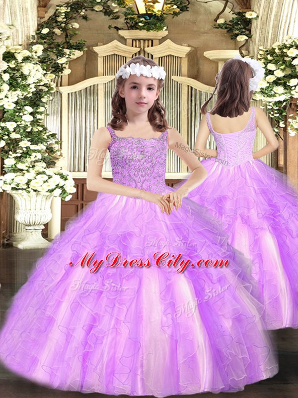 Lilac Little Girls Pageant Gowns Party and Sweet 16 and Quinceanera and Wedding Party with Beading and Ruffles Straps Sleeveless Lace Up