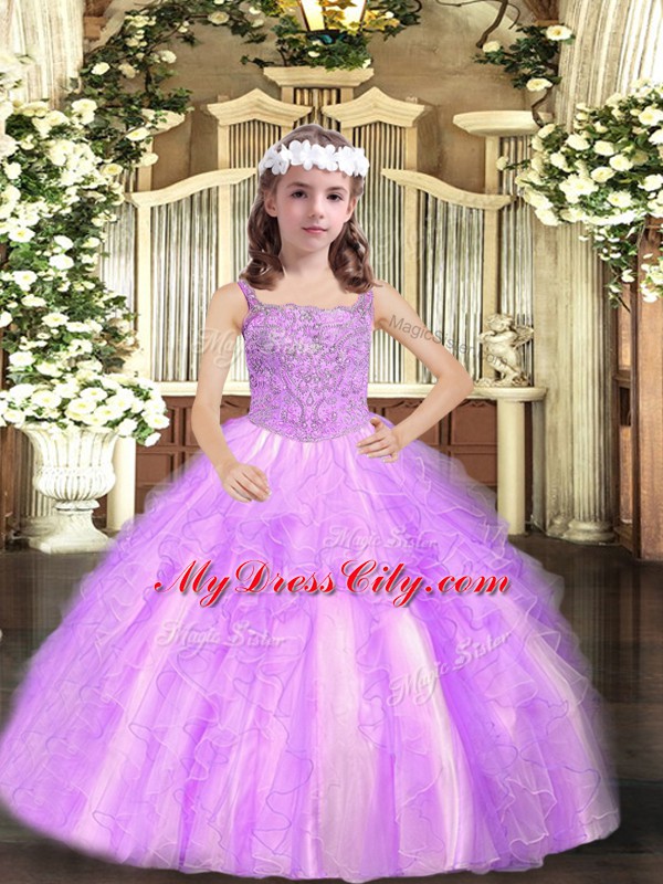 Lilac Little Girls Pageant Gowns Party and Sweet 16 and Quinceanera and Wedding Party with Beading and Ruffles Straps Sleeveless Lace Up