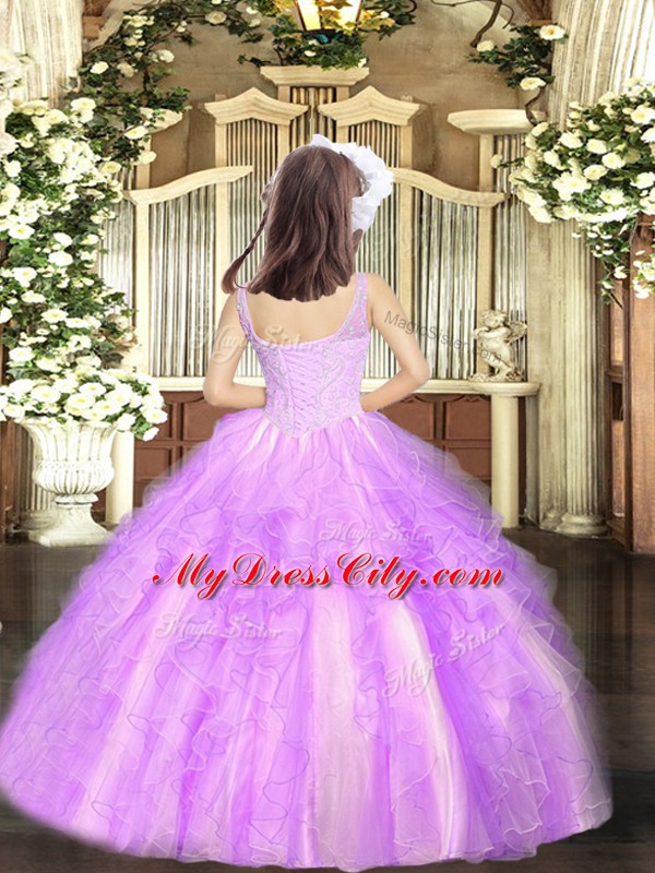 Lilac Little Girls Pageant Gowns Party and Sweet 16 and Quinceanera and Wedding Party with Beading and Ruffles Straps Sleeveless Lace Up