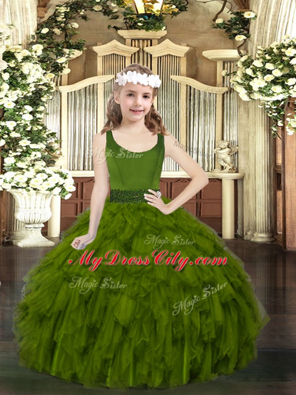 Scoop Sleeveless Kids Formal Wear Floor Length Beading and Ruffles Olive Green Organza