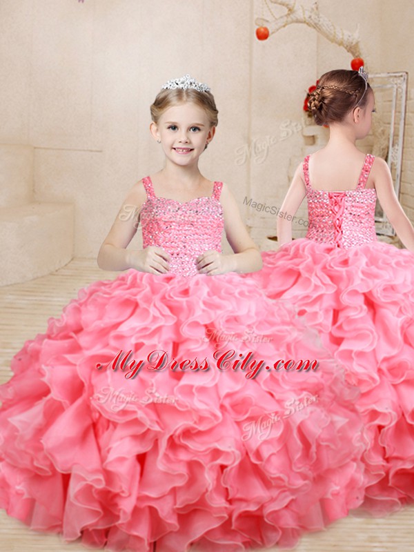 Elegant Watermelon Red Lace Up Straps Beading and Ruffles Girls Pageant Dresses Organza Sleeveless