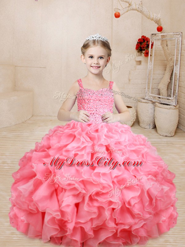 Elegant Watermelon Red Lace Up Straps Beading and Ruffles Girls Pageant Dresses Organza Sleeveless