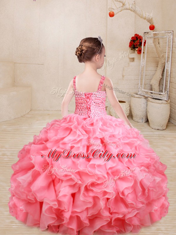 Elegant Watermelon Red Lace Up Straps Beading and Ruffles Girls Pageant Dresses Organza Sleeveless