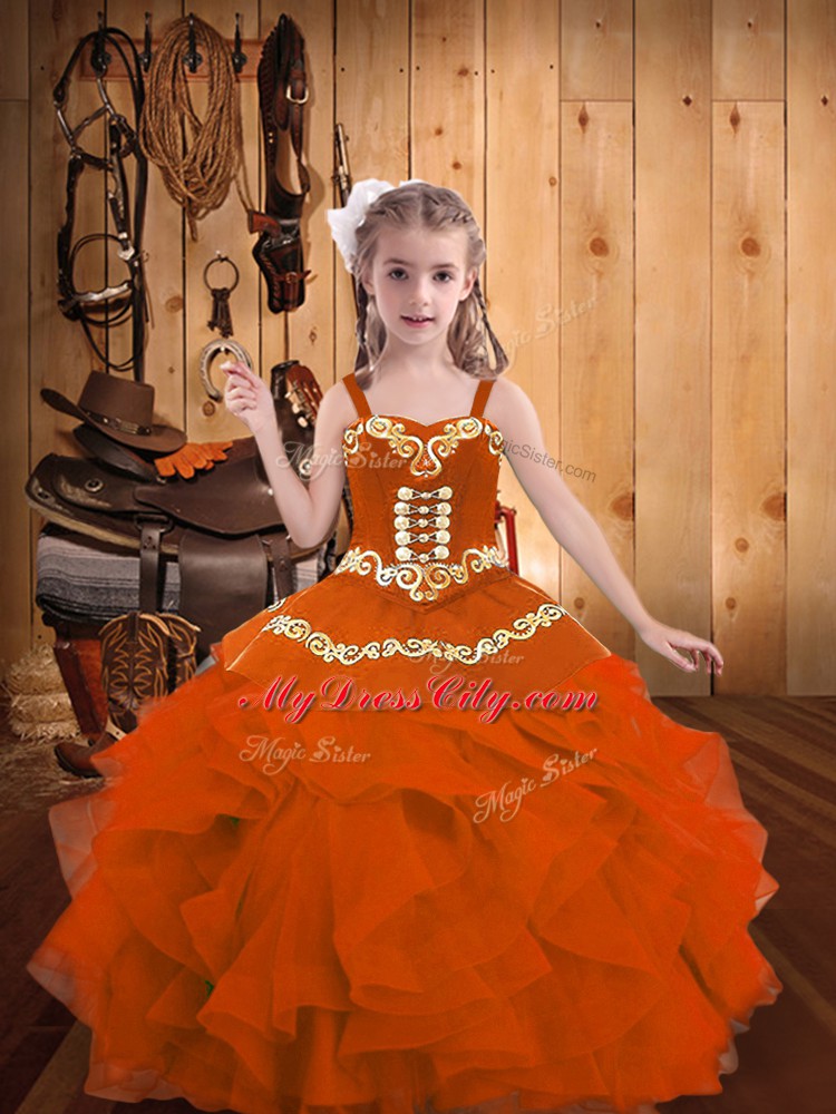 Low Price Orange Red Organza Lace Up Evening Gowns Sleeveless Floor Length Embroidery and Ruffles