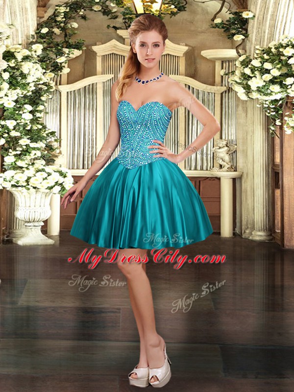 Customized Teal Sleeveless Beading Mini Length Prom Gown