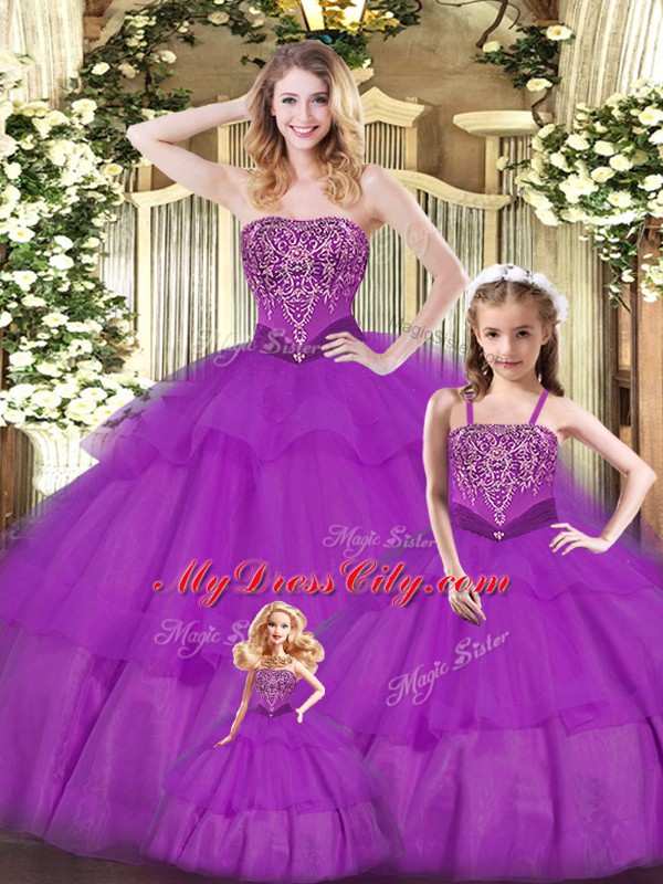 Floor Length Lace Up Quinceanera Gown Purple for Military Ball and Sweet 16 and Quinceanera with Ruffled Layers