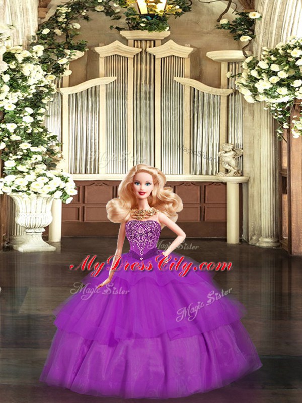 Floor Length Lace Up Quinceanera Gown Purple for Military Ball and Sweet 16 and Quinceanera with Ruffled Layers