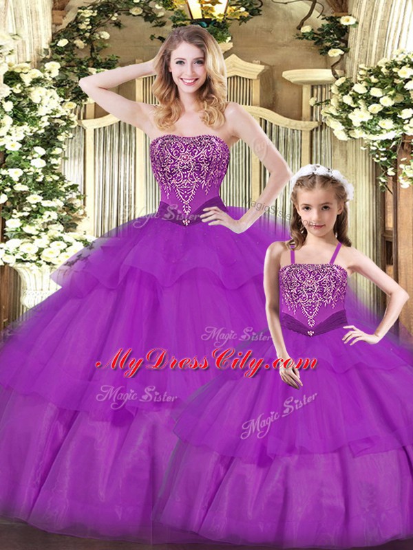 Floor Length Lace Up Quinceanera Gown Purple for Military Ball and Sweet 16 and Quinceanera with Ruffled Layers