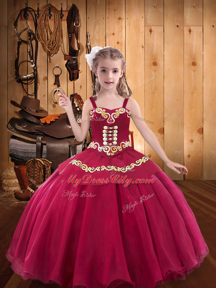 Sleeveless Floor Length Embroidery Lace Up Child Pageant Dress with Red