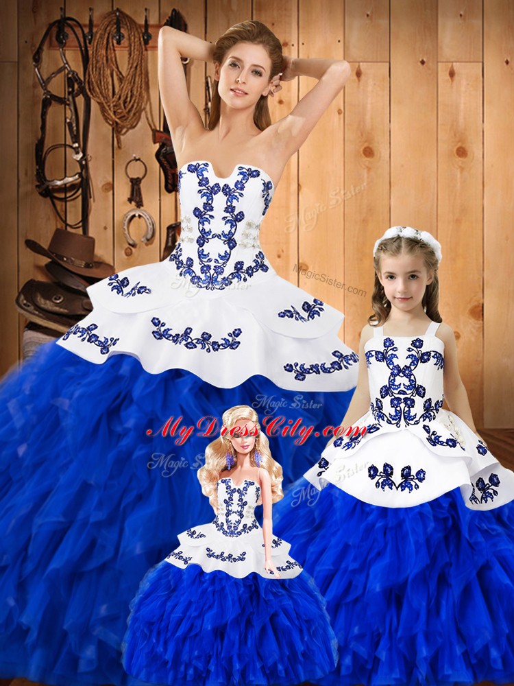 Royal Blue Strapless Neckline Embroidery and Ruffles Vestidos de Quinceanera Sleeveless Lace Up