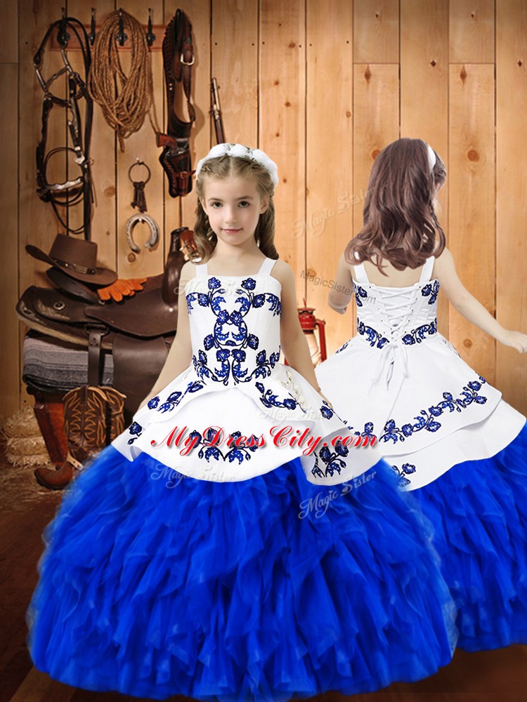 Royal Blue Strapless Neckline Embroidery and Ruffles Vestidos de Quinceanera Sleeveless Lace Up