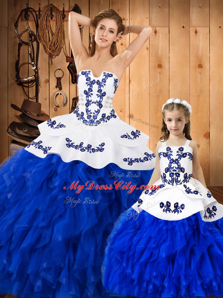 Royal Blue Strapless Neckline Embroidery and Ruffles Vestidos de Quinceanera Sleeveless Lace Up