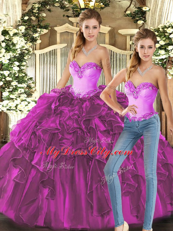 Ideal Floor Length Fuchsia Quinceanera Dresses Sweetheart Sleeveless Lace Up