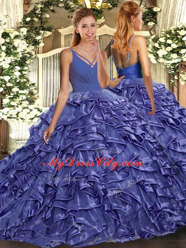 Attractive Lavender V-neck Backless Ruffles Ball Gown Prom Dress Sweep Train Sleeveless