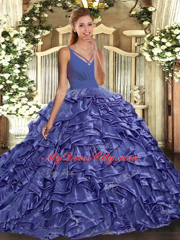 Attractive Lavender V-neck Backless Ruffles Ball Gown Prom Dress Sweep Train Sleeveless